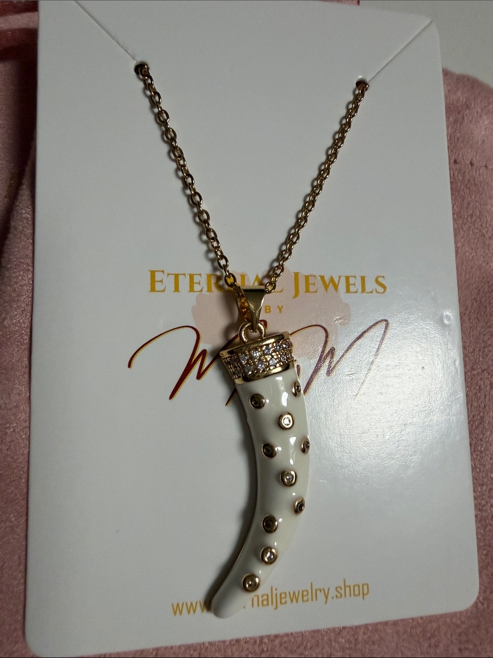 White Enamel Horn Pendant Necklace with Gold Accents